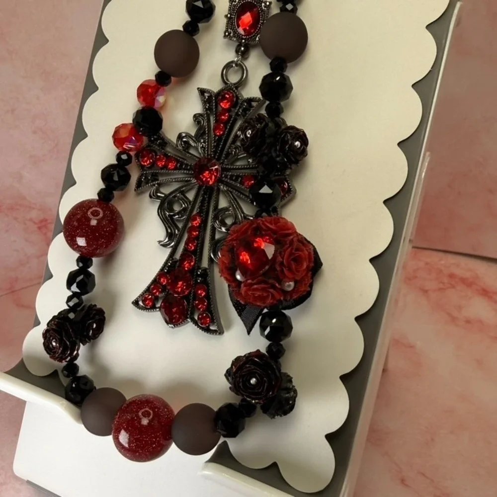 Cross Gunmetal Red Black Beaded Floral Phone Wristlet Crystal Bag Charm Keychain